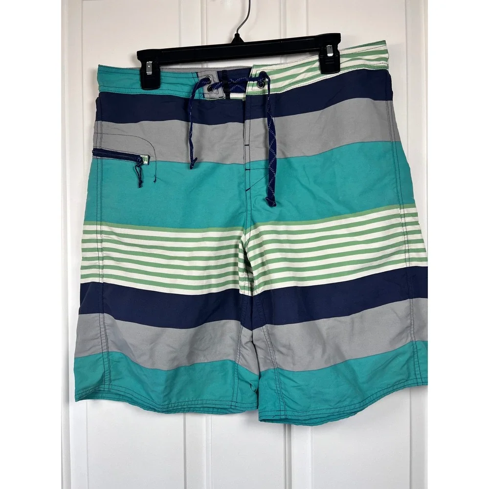 Patagonia Mens Striped Board Shorts Teal Navy Grey Swim Trunks Size 33 Inseam 9.